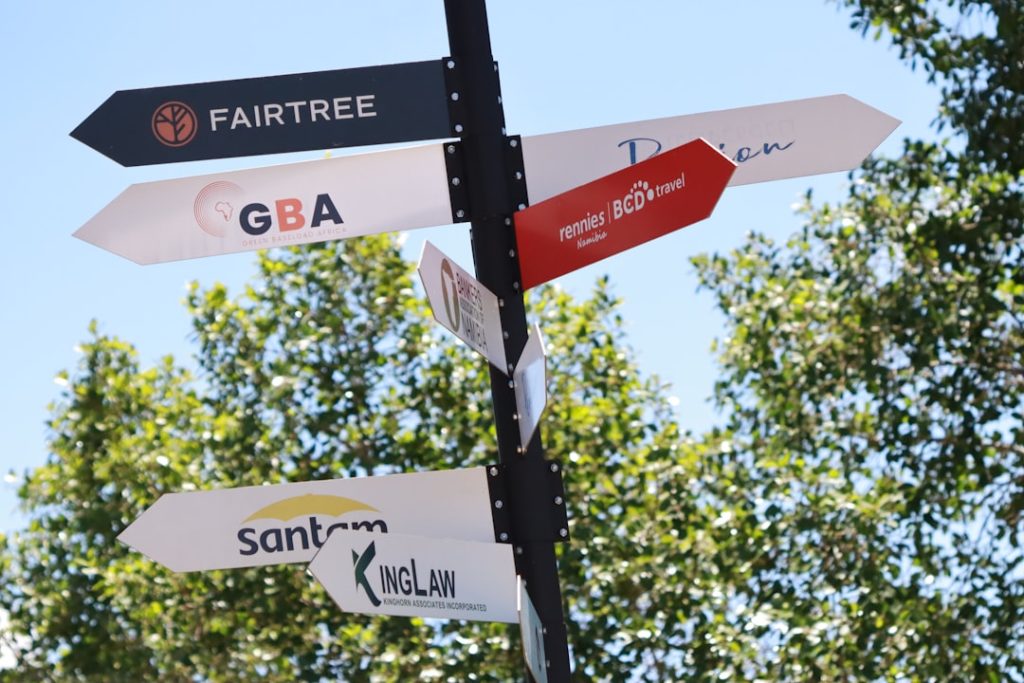 directional-signs-with-company-logos-point-different-ways-gir-n05cuxe